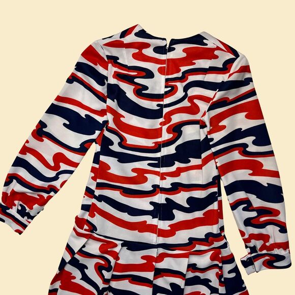 Vintage 70s abstract dress, 29" waist handmade 1970s red/white/blue midi dress - Picture 5 of 8